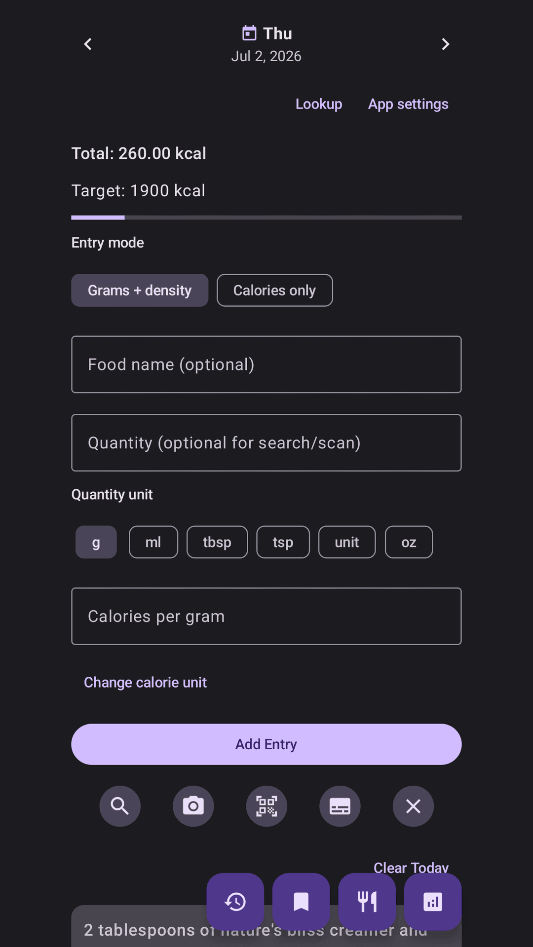 Daily calorie tracker showing today's total and meal entries