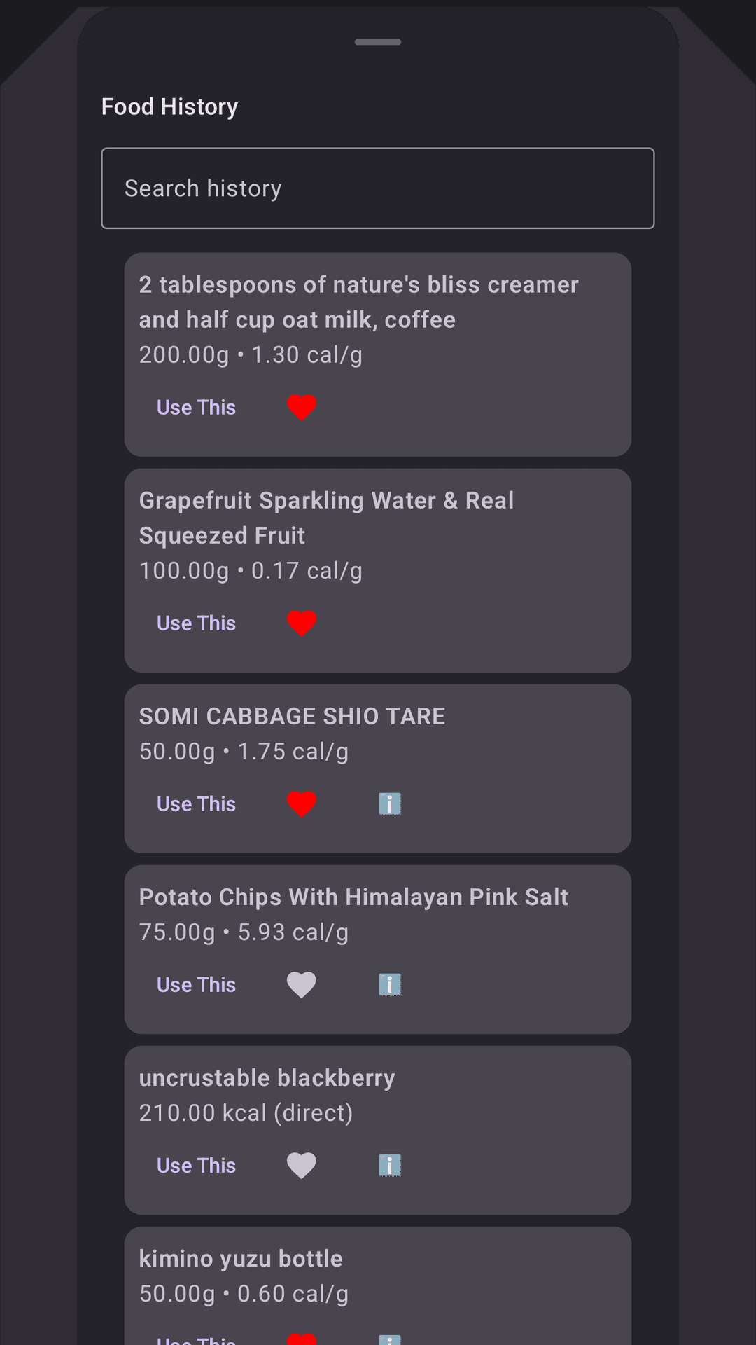 Food log with recent entries and calorie breakdown