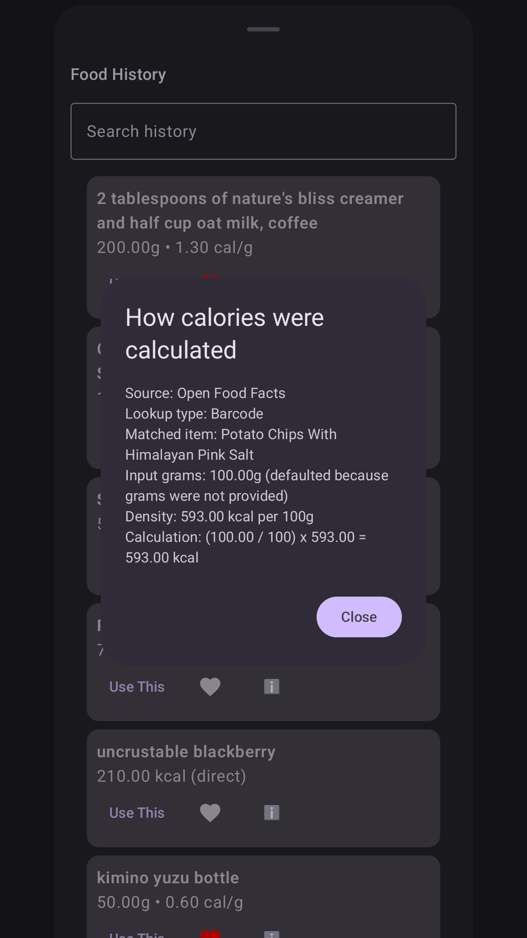 Barcode or food search screen